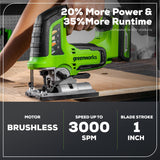 Greenworks 24V Jig Saw,Brushless 1 Inch Jigsaw,3000 SPM,45° Cutting Angle,4 settings Orbital Motion,24V Charger and 4Ah USB Battery Greenworks