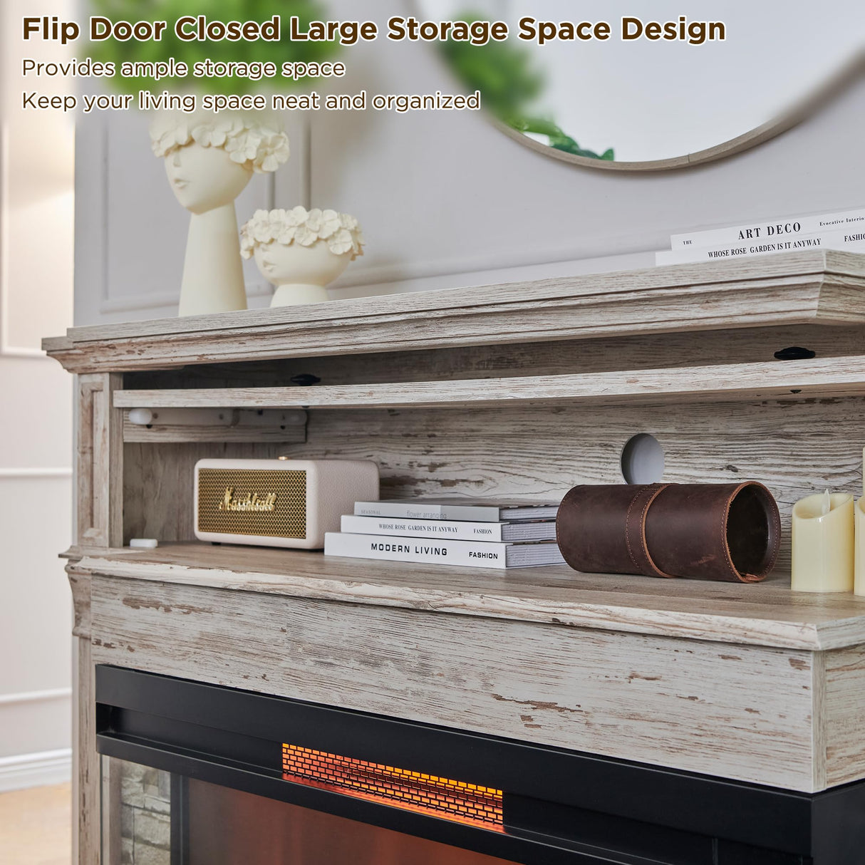 RedLemon Electric Fireplace with Mantel, 3-Sided Glass Farmhouse TV Stand with Fireplace for TVs up to 65", 52" Media Entertainment Center Console with Storage for Living Room, Antique Brush White RedLemon