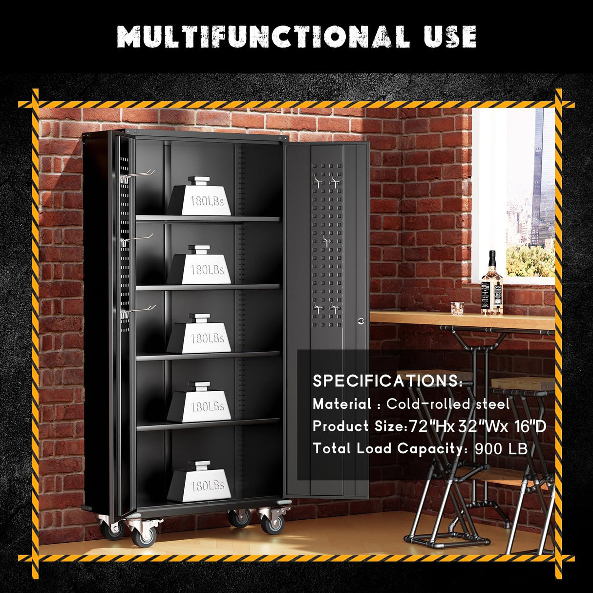 Greenvelly 72" Metal Storage Cabinet with Wheel and Pegboard, Lockable Black Metal Garage Cabinets with 2 Doors and 4 Adjustable Shelves, Rolling Steel Tool Cabinet for Garage, Home Office, School Greenvelly