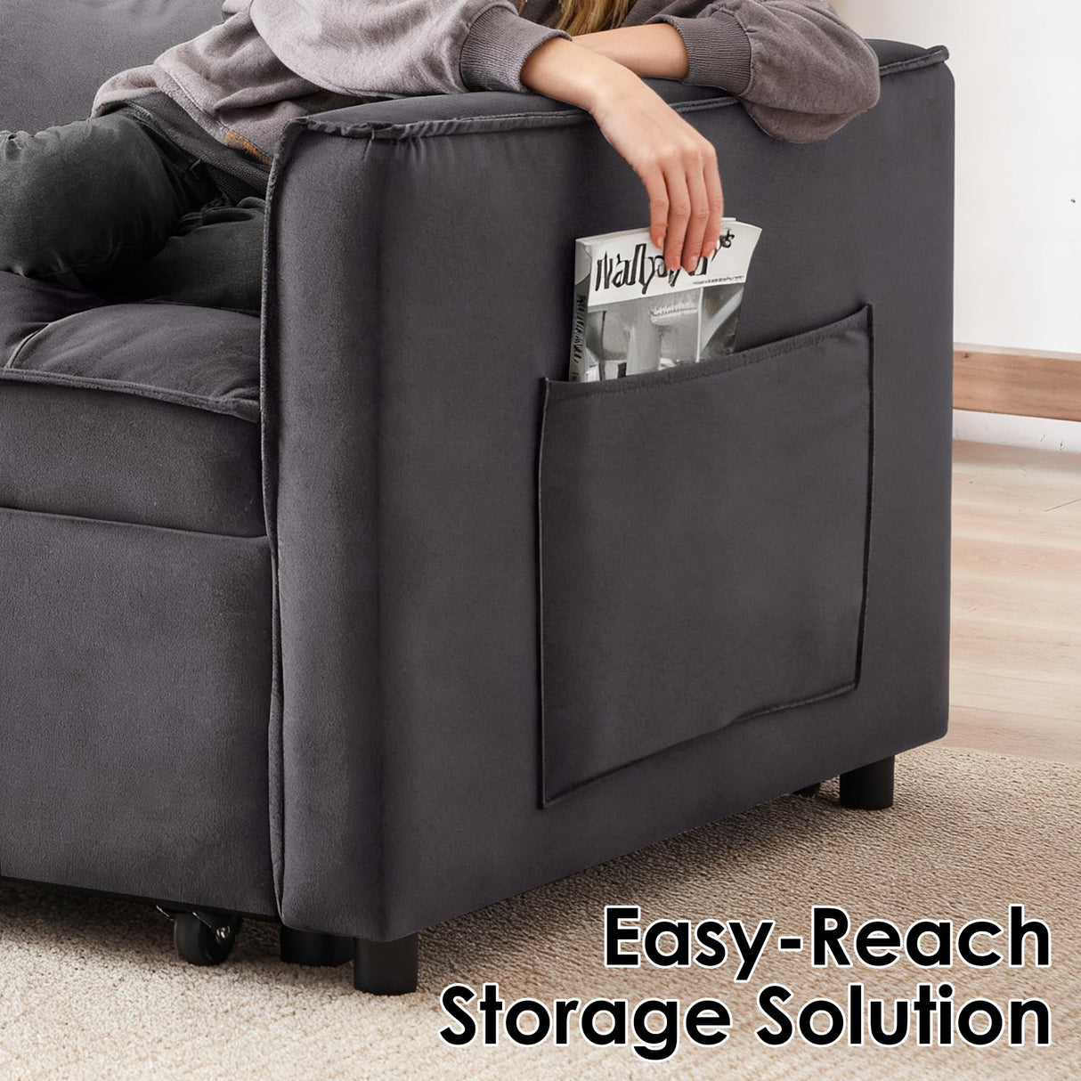 Dreamzie 3 in 1 Convertible Sleeper Sofa Bed, Pull Out Couch for Living Room with Side Pocket, Loveseat Sleeper with Adjustable Backrest (Fabric, Dark Grey) Dreamzie