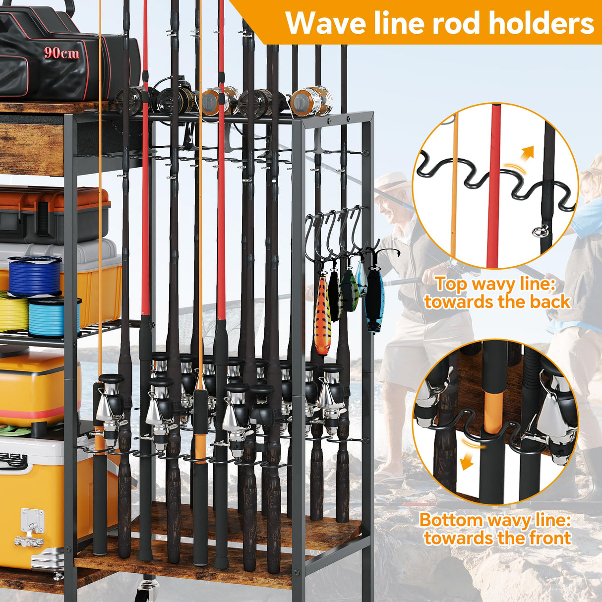 Homeiju Fishing Rod Holder, Fishing Pole Holders for Garage Boat Fishing Gear Storage with Drawer and Wheels, Holds 16 fishing rods for Home Entryway Corner,Rustic Brown Homeiju