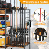 Homeiju Fishing Rod Holder, Fishing Pole Holders for Garage Boat Fishing Gear Storage with Drawer and Wheels, Holds 16 fishing rods for Home Entryway Corner,Rustic Brown Homeiju