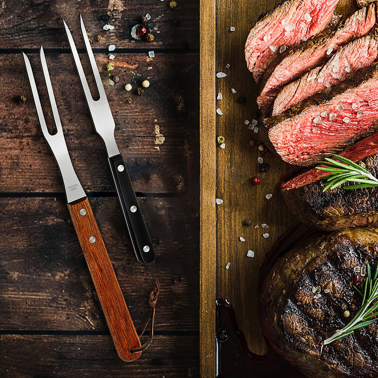 Ponpon 2Pcs Meat Forks Stainless Steel Carving Fork with Wooden Handle Barbecue Fork for Cooking Kitchen (2) Ponpon