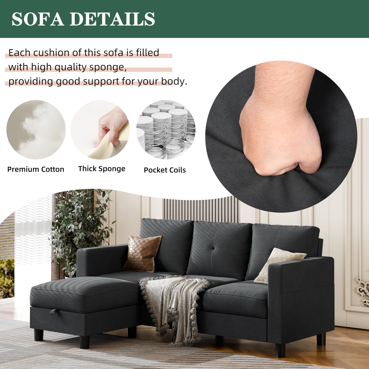 JAMFLY Sectional Sofas Couches for Living Room, L Shaped Couch with Storage Sofa Set, Small Couches for Small Spaces with Movable Ottoman, Black JAMFLY