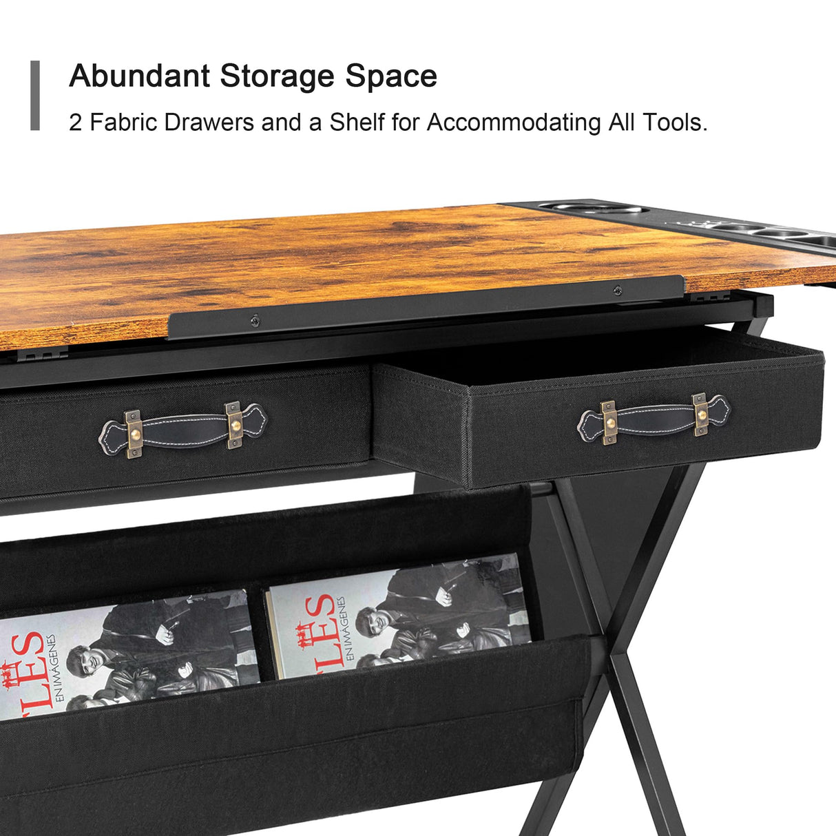 VECELO Drafting Table Adjustable Desk Tilted Tabletop with 2 Storage Drawers and Stool, Art Workstation for Artist Painters Drawing, Crafting, Reading, Writing, Home Office, Rustic Brown VECELO