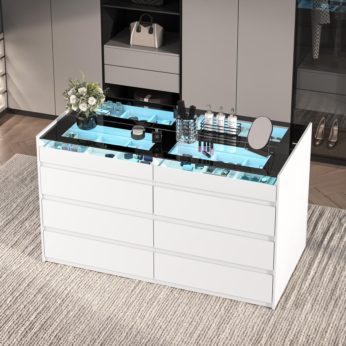 ZORPLIX White Dresser for Bedroom, 8 Drawer Dresser with Glass Top and LED Light, Modern Chest of Drawers, Jewelry Dressers Display, Dressers Organizer for Bedroom, Closet, Living Room ZORPLIX