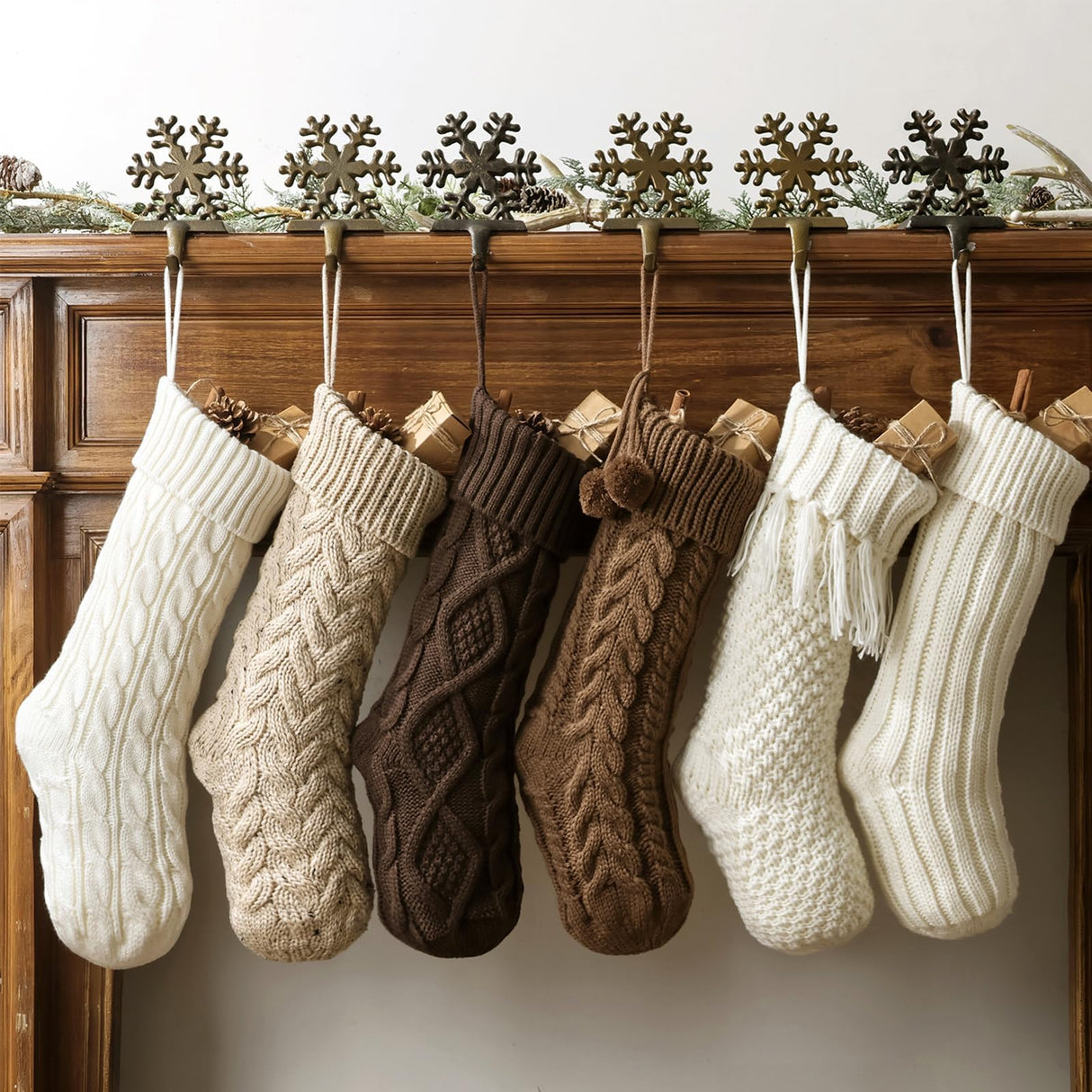 Farmhouse Knitted Personalized Christmas Stockings: 6 Pack 18 Inch Earth Tones Christmas Stockings, Rustic Cozy Hanging Xmas Stockings Decorations for Family Holiday Decor, White Beige Brown Pawliss