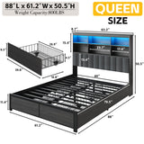 Lifezone Queen Bed Frame with Headboard, Queen Bed Frame with High Storage Bookcase Headboard, 4 Storage Drawers & Charging Station, No Box Spring Needed/Noise Free/All-Metal Support, Rustic Grey Lifezone