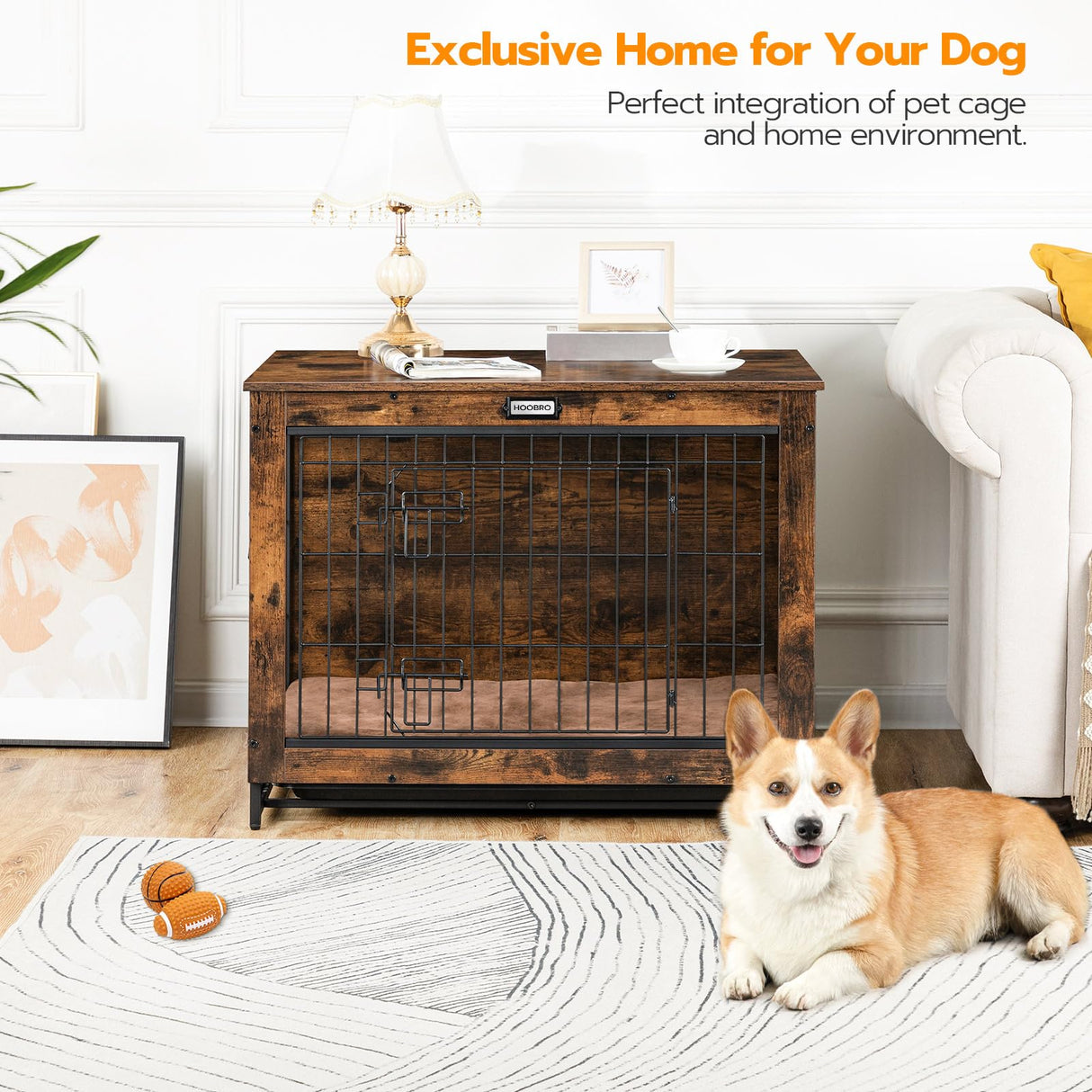 HOOBRO Dog Crate Furniture, Indoor Dog Kennel, Wooden Dog Furniture with Pull-Out Tray, Double Doors Dog House, Modern Side End Table for Medium/Large/Small Dog, 32.5" L, Rustic Brown BF802GW03G1 HOOBRO