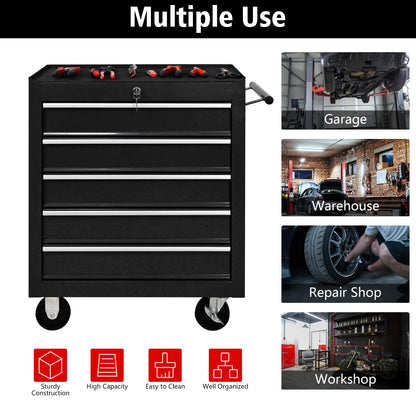 Tool Chest with 5 Drawers, Tool Cart with 7 Organizer Tray Divider Set & Wheels, Rolling Tool Box Organizer for Garage, Workshop, Home Crafts - WoodArtSupply