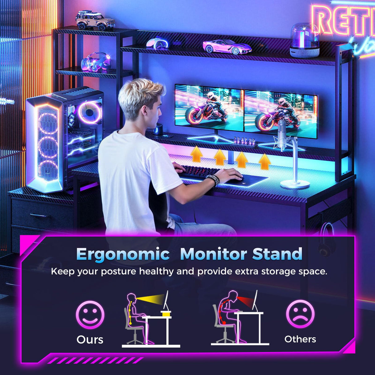 Casaottima 48 Inch Gaming Desk with Hutch & 3 Fabric Drawers, Computer Desk with USB Ports & LED Lights, Reversible Pc Gamer Table with Monitor Stand for Home Office, Carbon Fiber Black Casaottima