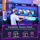 Casaottima 48 Inch Gaming Desk with Hutch & 3 Fabric Drawers, Computer Desk with USB Ports & LED Lights, Reversible Pc Gamer Table with Monitor Stand for Home Office, Carbon Fiber Black Casaottima