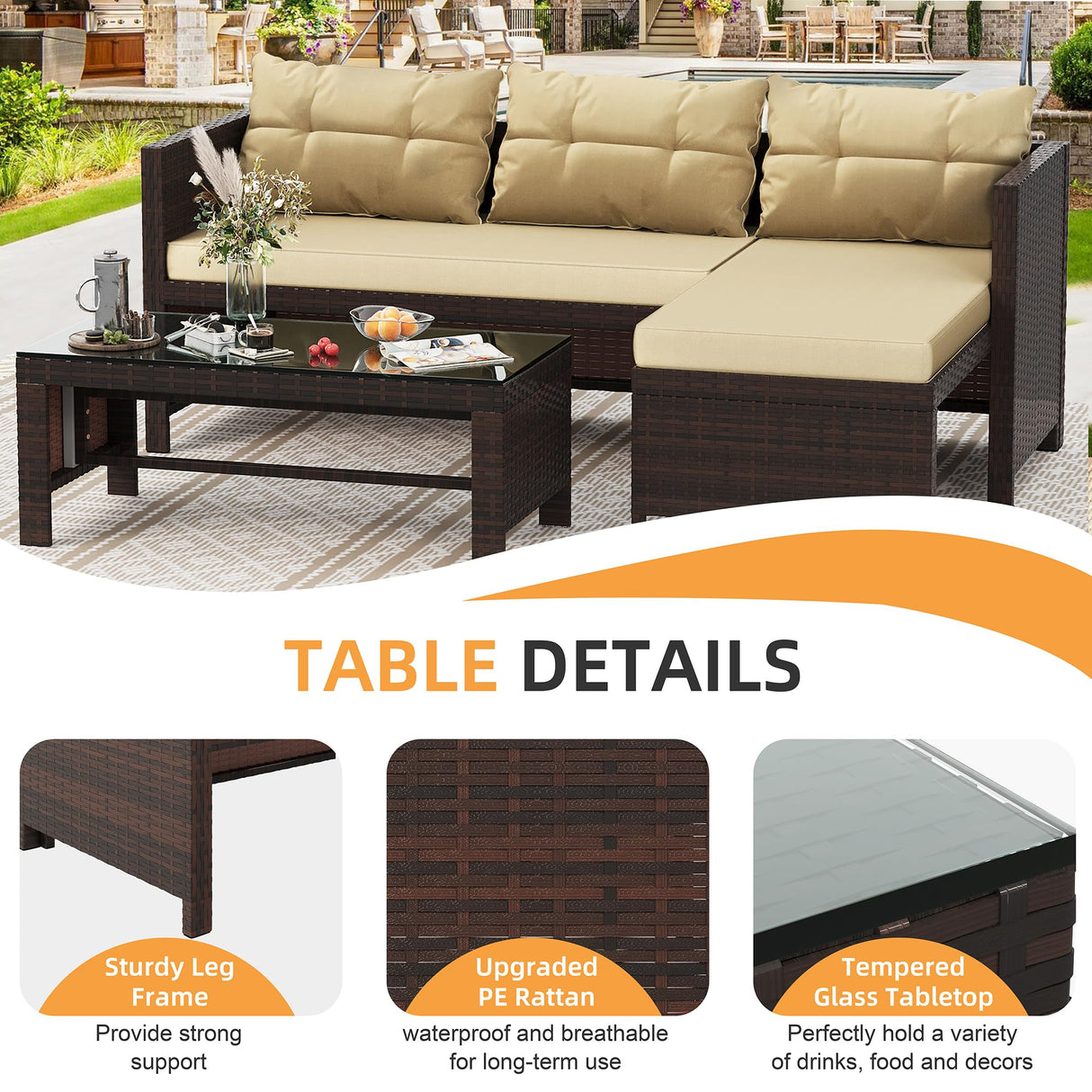 Shintenchi Outdoor Patio Furniture Sets, Wicker Patio sectional Sets 3-Piece, All Weather Wicker Rattan Patio Seating Sofas with Glass Coffee Table and Cushion (Beige) Shintenchi