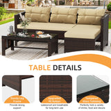Shintenchi Outdoor Patio Furniture Sets, Wicker Patio sectional Sets 3-Piece, All Weather Wicker Rattan Patio Seating Sofas with Glass Coffee Table and Cushion (Beige) Shintenchi