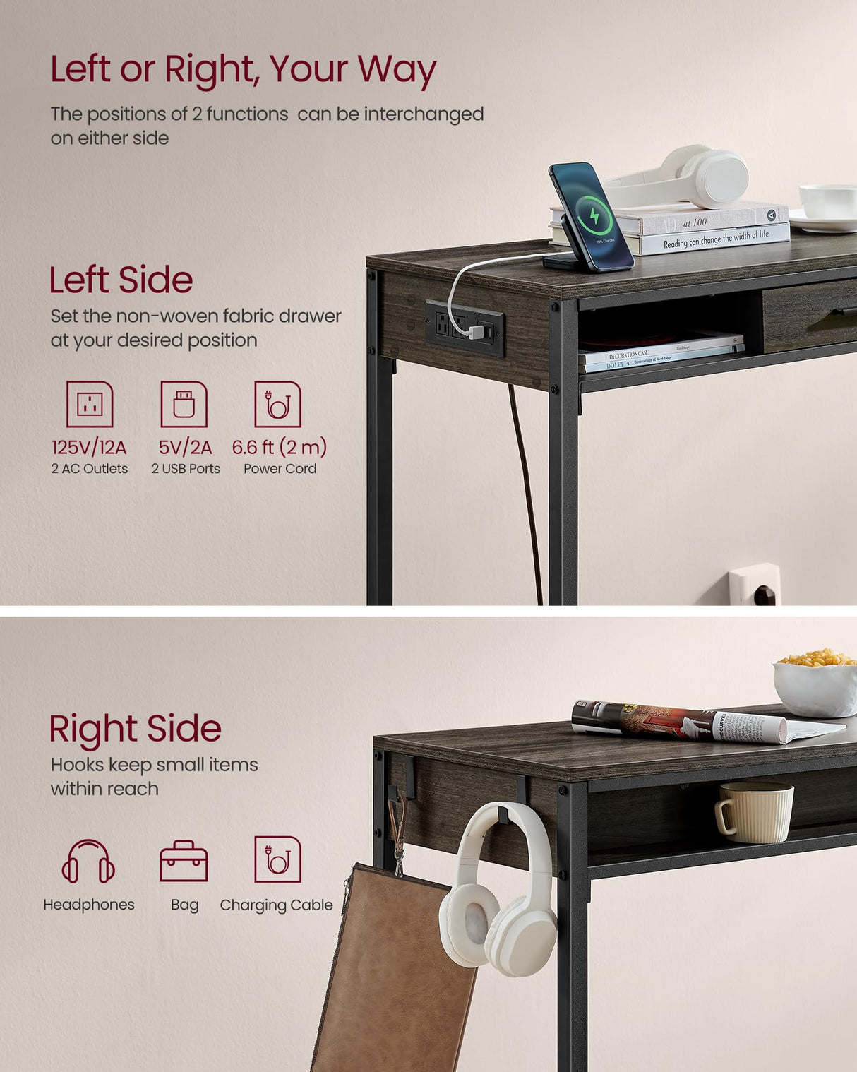 VASAGLE Ash Brown Bar Table with Power Outlet and Movable Drawer, 47.2 Inches High Top Dining Table VASAGLE