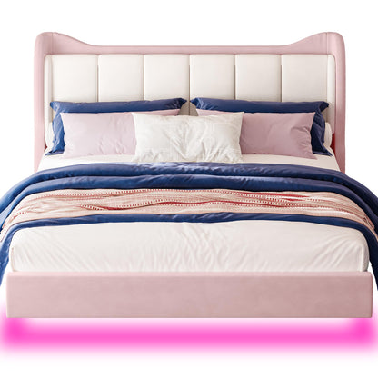 LIKIMIO Pink Floating Bed Frame King with Cat Ear Headboard and LED Lights - WoodArtSupply