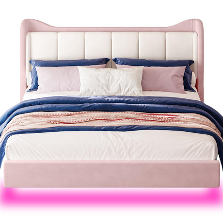 LIKIMIO Pink Floating Bed Frame King with Cat Ear Headboard and LED Lights LIKIMIO