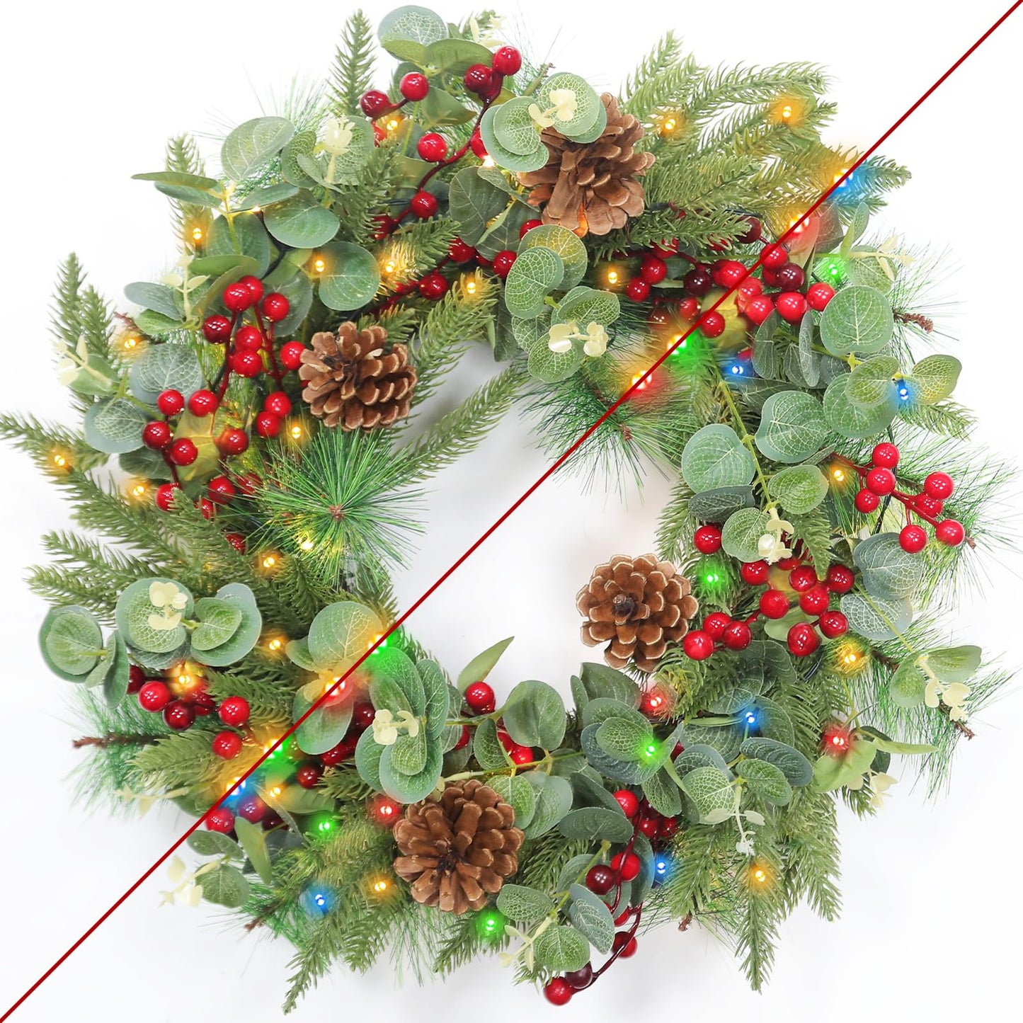 Dual Color Change&Timer Prelit Thick Christmas Wreath with 30 Warm White&Colors Lights 8 Modes,Mixed Norfolk PE Pine Bristle Pine Aspen Fir Tips Eucalyptus Pinecone Red Berry Cedar Xmas Wreath 20 Inch