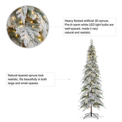 Glitzhome 9ft Pre-Lit Flocked Pencil Spruce Artificial Christmas Tree with 470 Warm White Lights and Sturdy Metal Stand for Home, Office, Party Decoration