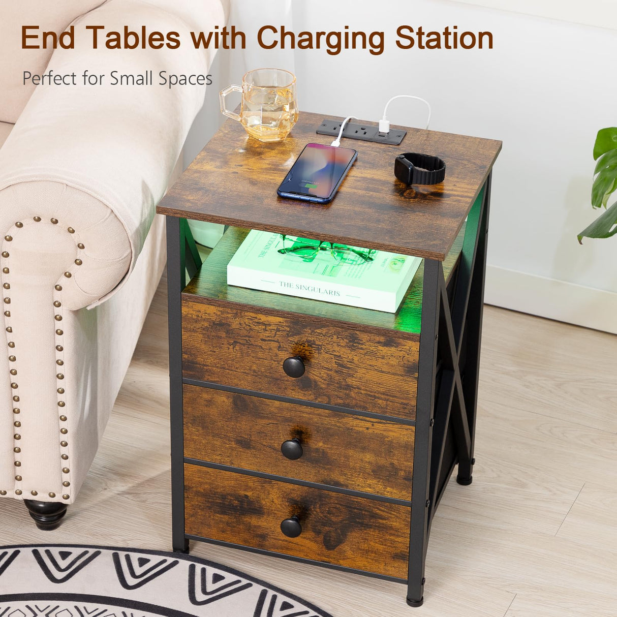 AMHANCIBLE Night Stand Set 2, LED Nightstand with Charging Station, End Side Tables with USB Port & Outlet, Bedside Tables with Fabric Drawers for Bedroom Living Room, Rustic Brown HET053LBR AMHANCIBLE