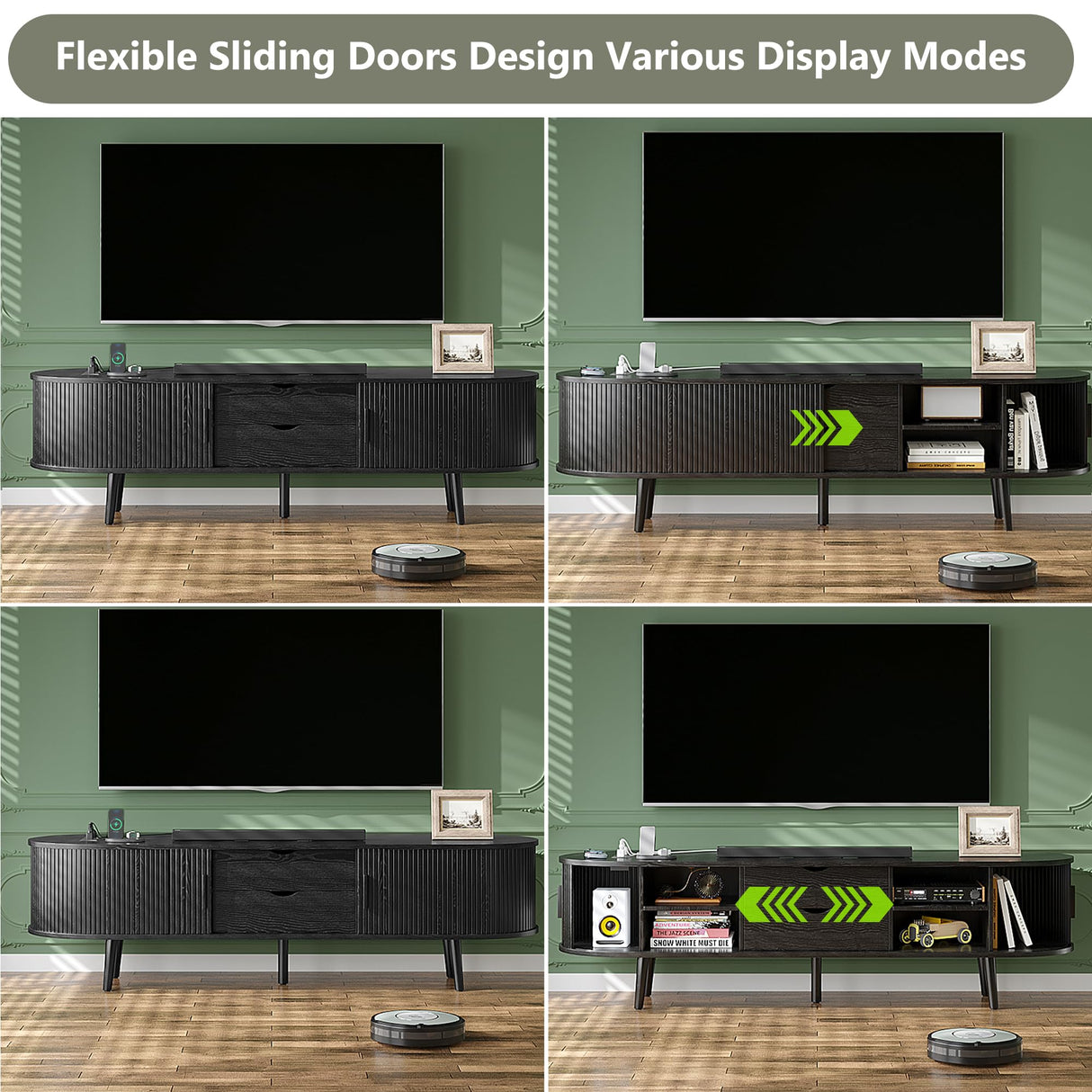 Mid Century Modern TV Stand for 65/55/50 inch TV, Farmhouse TV Stand with Charging Station, Fluted Entertainment Center with Storage and Sliding Doors, TV and Media Consol for Living Room, Black, 59" Syvella