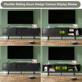 Mid Century Modern TV Stand for 65/55/50 inch TV, Farmhouse TV Stand with Charging Station, Fluted Entertainment Center with Storage and Sliding Doors, TV and Media Consol for Living Room, Black, 59" Syvella