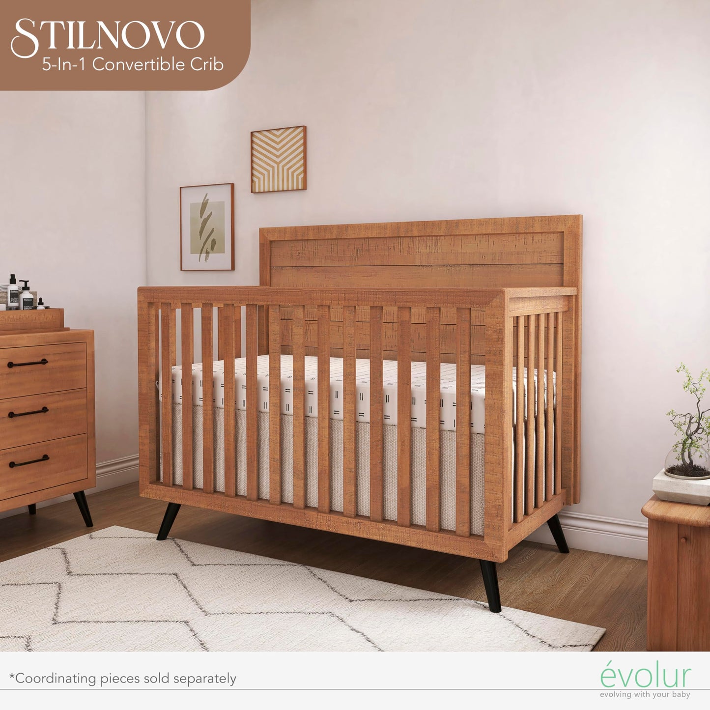 Evolur Stilnovo Mid Century 4-in-1 Convertible Crib - WoodArtSupply