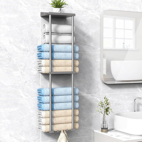 Liuoud Towel Rack Storage for Bathroom, Wall Mounted Vertical Rolled Towel Organizer Holder with Shelf, Holds Up 6 Large Bath Sheets, Silver Grey Liuoud