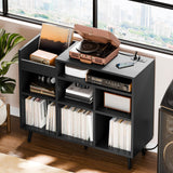 Cozy Castle Record Player Stand, Turntable Shelf with Vinyl Storage up to 500 Albums, Vinyl Record Player Shelf with Power Outlet Sideboard Buffet Cabinet with Storage Accent Cabinet, Black Cozy Castle
