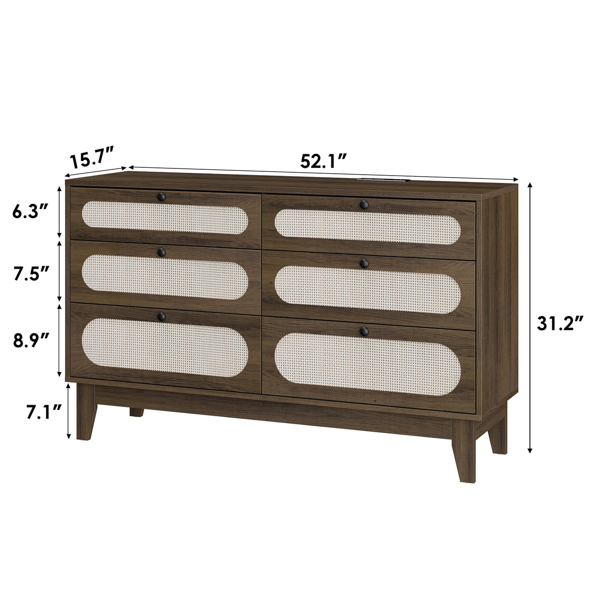 GAOMON Rattan 6 Drawer Dresser for Bedroom, Natural Rattan Boho Large Double Dresser, Wood Storage Closet Dressers Chest of Drawers, for Closet, Living Room and Entryway, Brown GAOMON