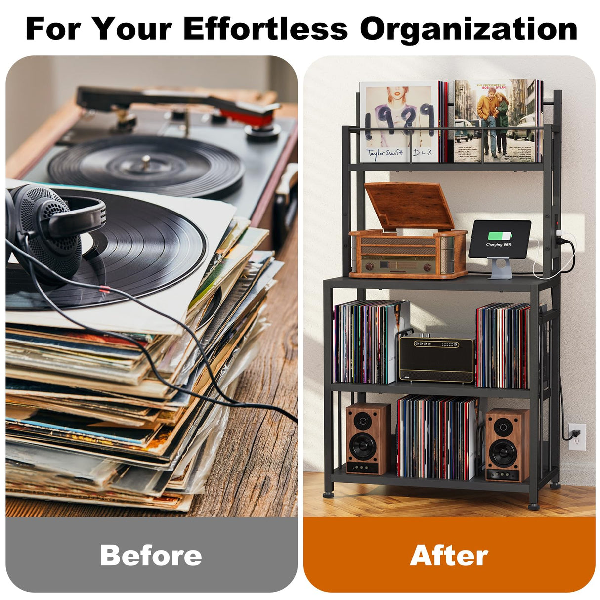 EasyCom Record Player Stand with Vinyl Storage, Turntable Stand Holds Up to 300 Albums, Large Record Player Table with Charge Station, Vinyl Record Stand for Living Room Bedroom, Black EasyCom