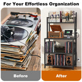 EasyCom Record Player Stand with Vinyl Storage, Turntable Stand Holds Up to 300 Albums, Large Record Player Table with Charge Station, Vinyl Record Stand for Living Room Bedroom, Black EasyCom
