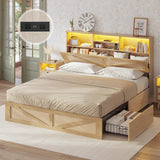 AOGLLATI Queen Bed Frame with 4 Storage Drawers and 2-Tier Bookcase Hidden Headboard, Rattan Led Bed Frame Queen Size with Charging Station, No Box Spring Needed, Wood AOGLLATI