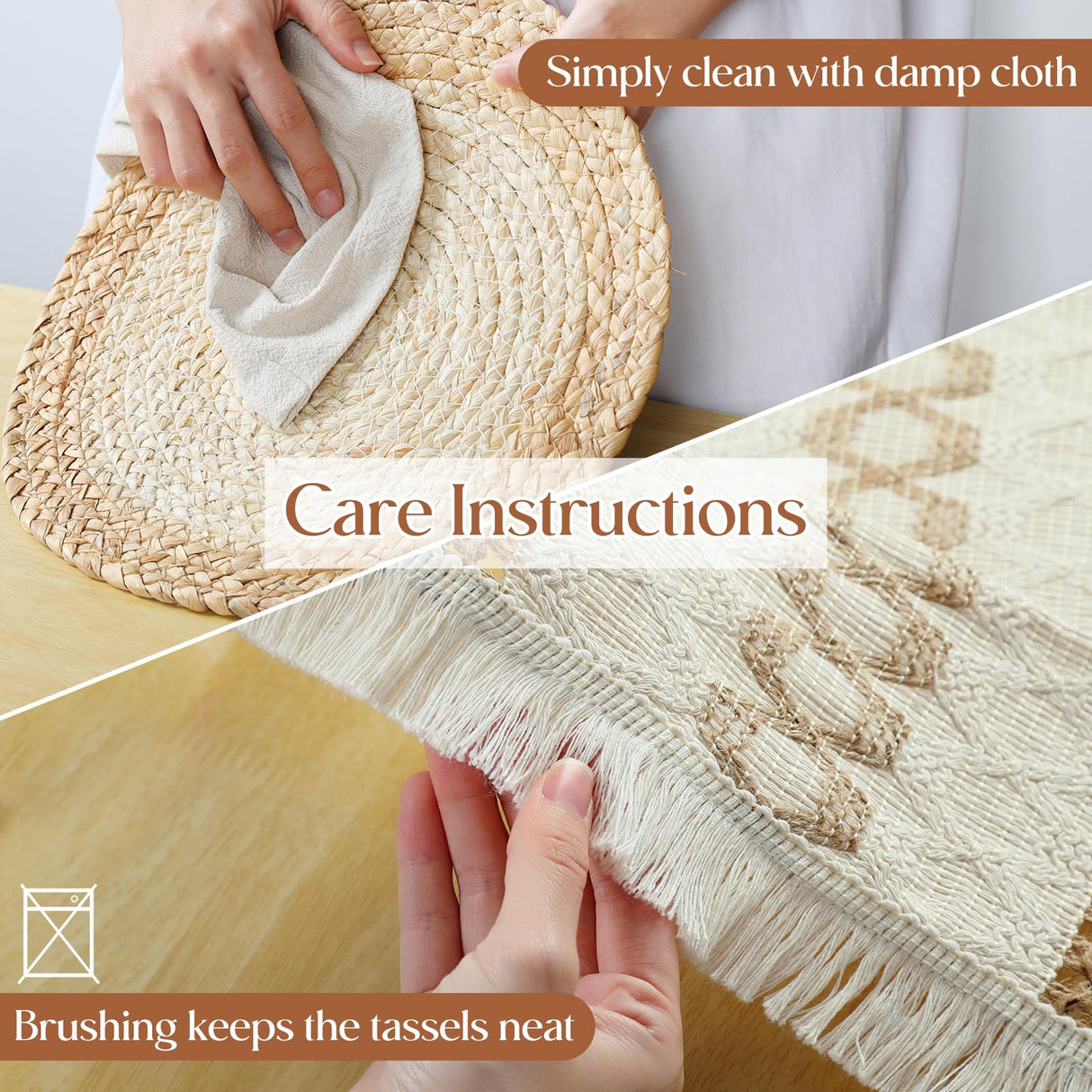 YANGQIHOME Boho Placemats Set of 6, Farmhouse Rustic Woven Placemats for Dining Table Decor, Handmade Braided Place Mats in Natural Cotton Jute and Water Straw for Kitchen Table YANGQIHOME