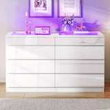 DWVO 8 Drawer LED Dresser, White Modern Chest of Drawers with Deep Storage, Tempered Glass Top & High-Gloss Finish, Stylish Organizer Cabinet for Living Room, Office Spaces DWVO