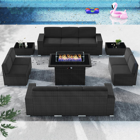 Vakollia 13 Pieces Patio Furniture Set with 44" Propane Gas Fire Pit Table, Outdoor Sectional Wicker Conversation Sofa Sets with Coffee Table Vakollia