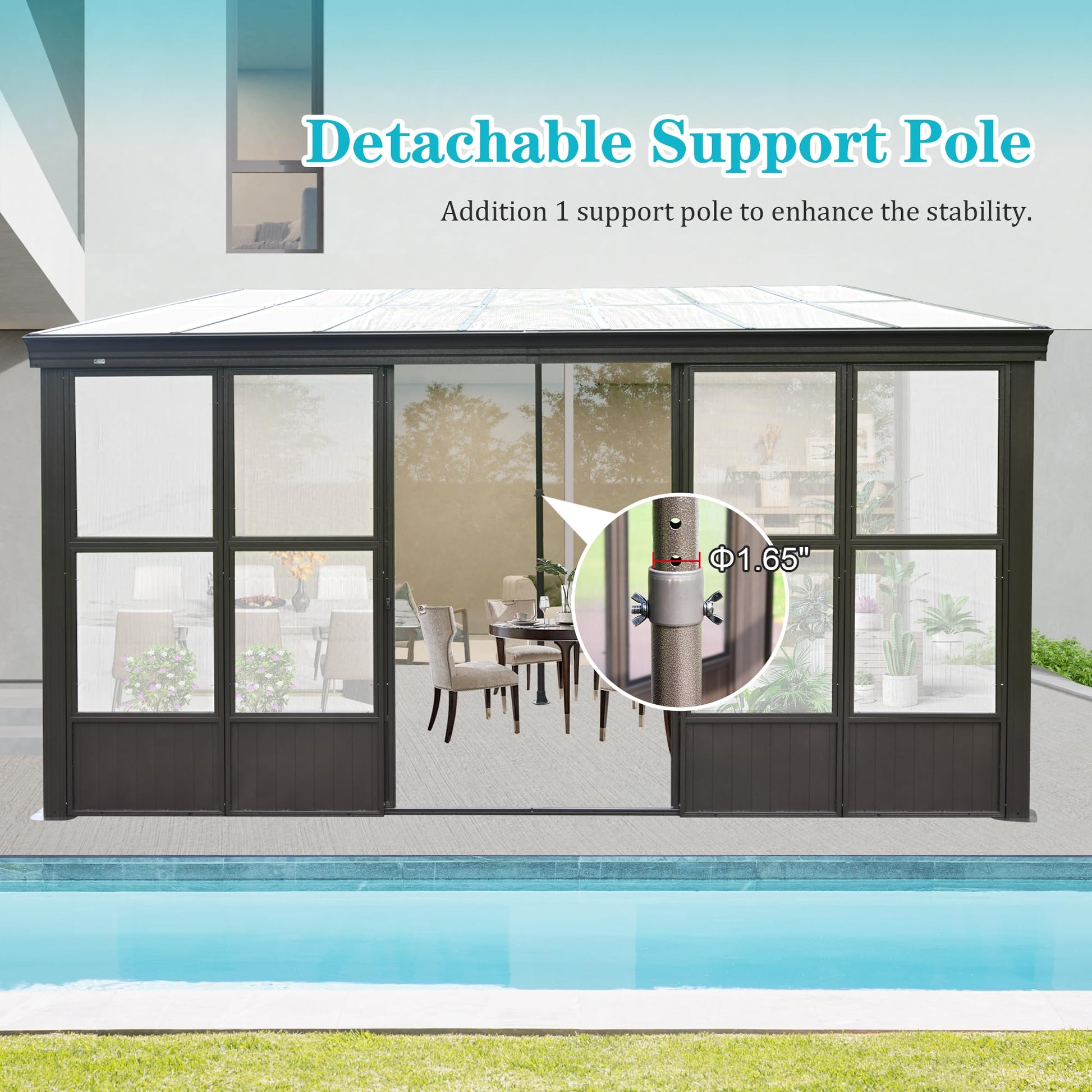 SHPAI 12x14FT Wall Mounted Sunroom, Outdoor Permanent Lean-to Solarium with Detachable Polycarbonate Roof, 2 Lockable Sliding Doors, Aluminum Gazebo Against The Wall Sun Room for Garden Patio - WoodArtSupply