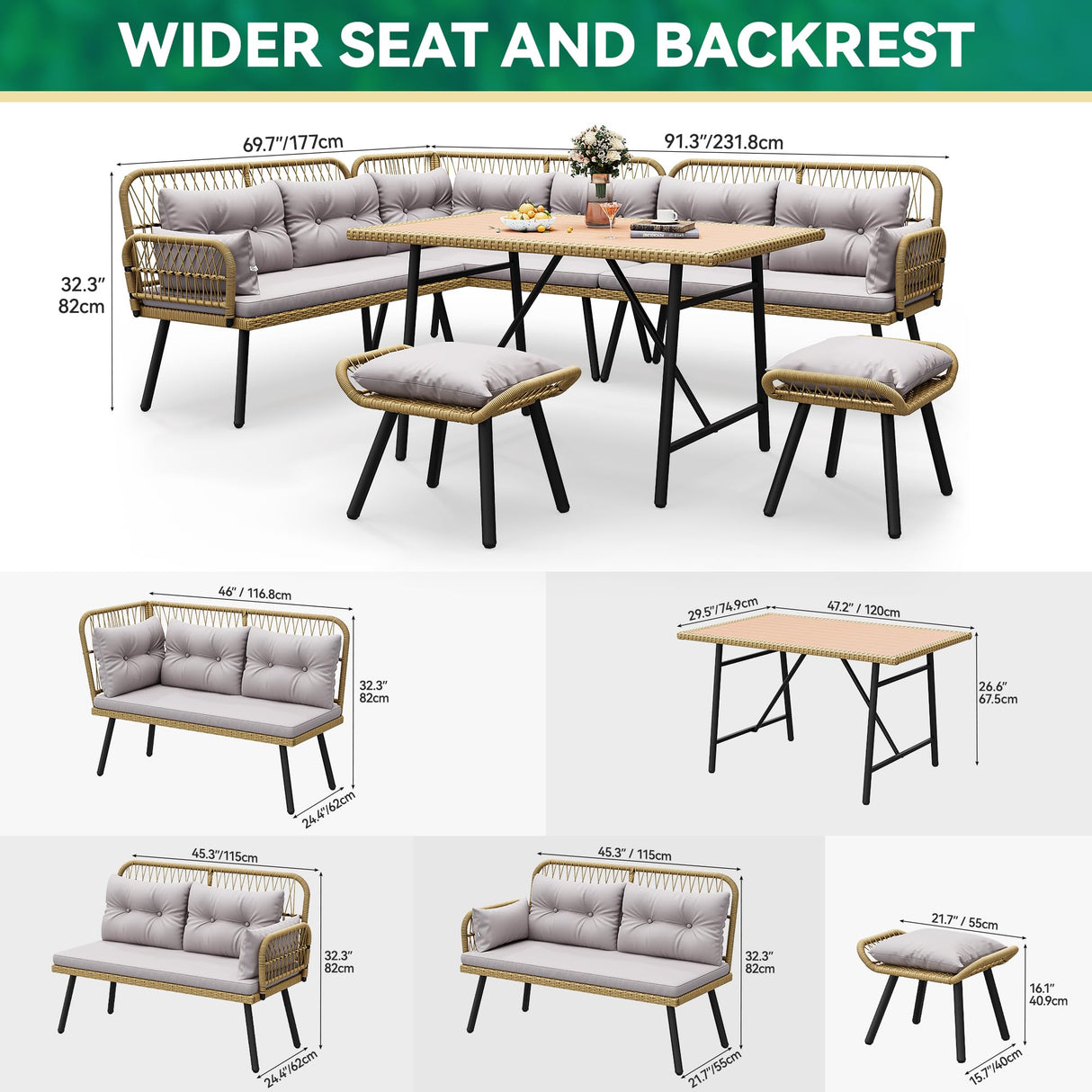YITAHOME Patio Wicker L-Shaped Furniture Set, All-Weather Rattan Outdoor Conversation Sofa Set for Backyard Deck with Soft Cushions,Ottomans and Wood-Like Dining Table, Light Brown+Gray YITAHOME