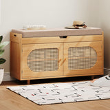 PETKABOO Rattan Shoe Storage Bench,Bamboo Entryway Bench, 2-Tier Shoe Rack,35.4" W x 12.6" D x 19.7" H with 2 Doors & Padded Seat Cushion for Entryway, Living Room, Bedroom, Natural PETKABOO