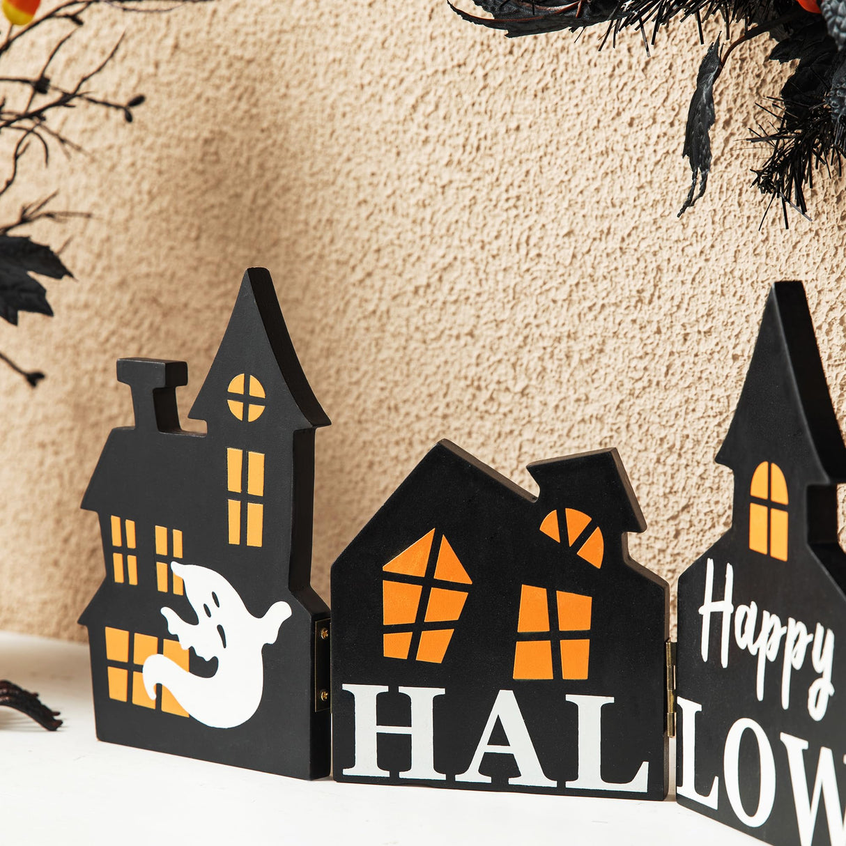 Glitzhome 25"L Halloween Wooden Table Signs Plaques Hinged Haunted House Tabletop Decor with"Happy Halloween" Sayings Farmhouse Halloween Wood Block Sign Decorations Ghost Day for Home Office Glitzhome
