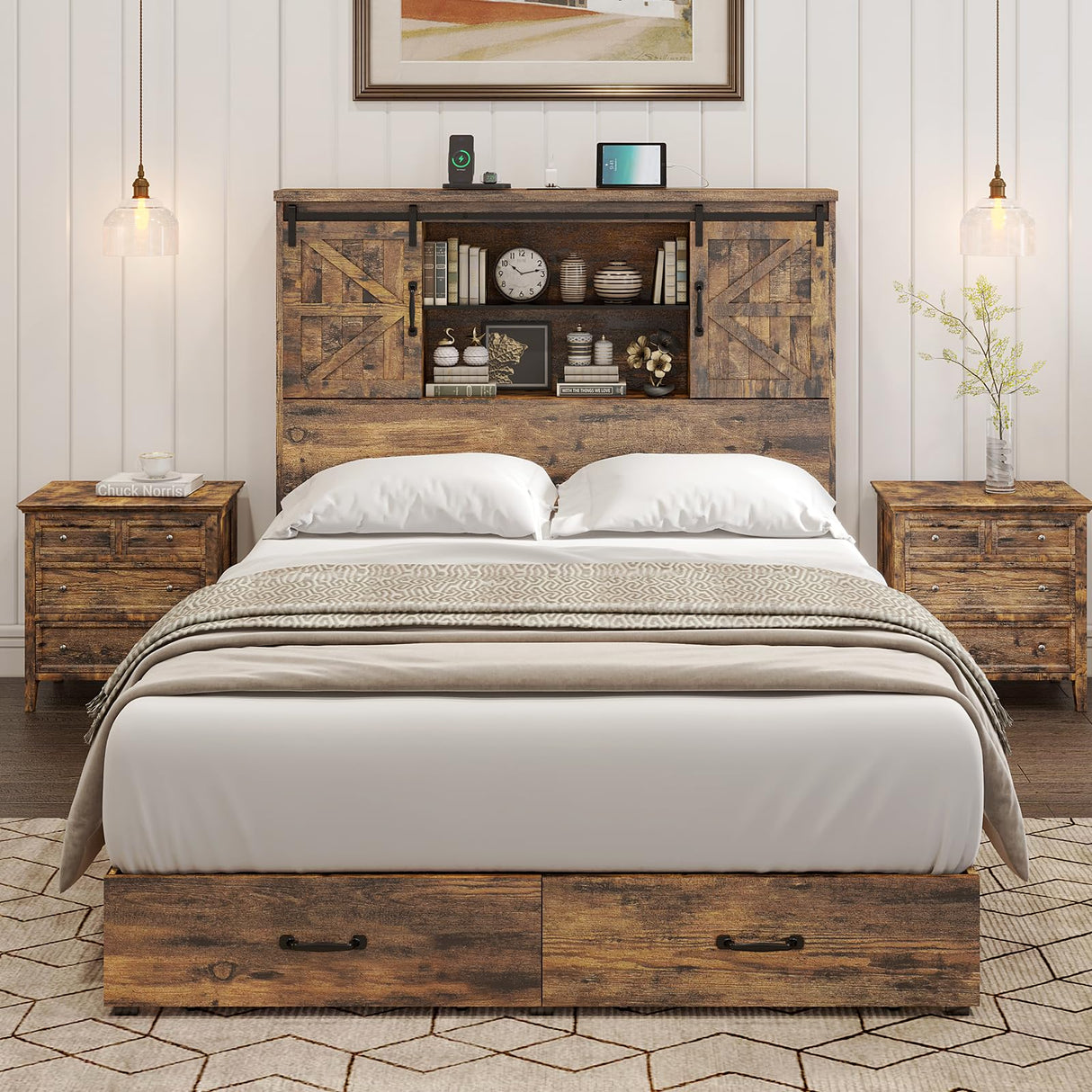 HOWE Rustic Brown Queen Wood Platform Bed with Bookcase Headboard and Storage Solutions HOWE