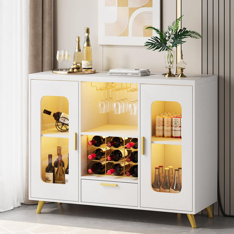 Condemo Wine Bar Cabinet with LED Light, Modern Coffee Bar Cabinet with Power Outlet, Liquor Cabinet with Wine Rack Glasses Holder, Sideboard Buffet Cabinet for Dining Room Living Room Kitchen, White Condemo