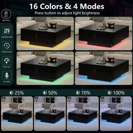 Square Lift Top Coffee Table, 31.5" Wooden Coffee Table with 2 Drawers & Hidden Storage, LED Lights & Charging Station, Mid Century Modern Center Table for Living Room Home Office (Black) YKVIQBY