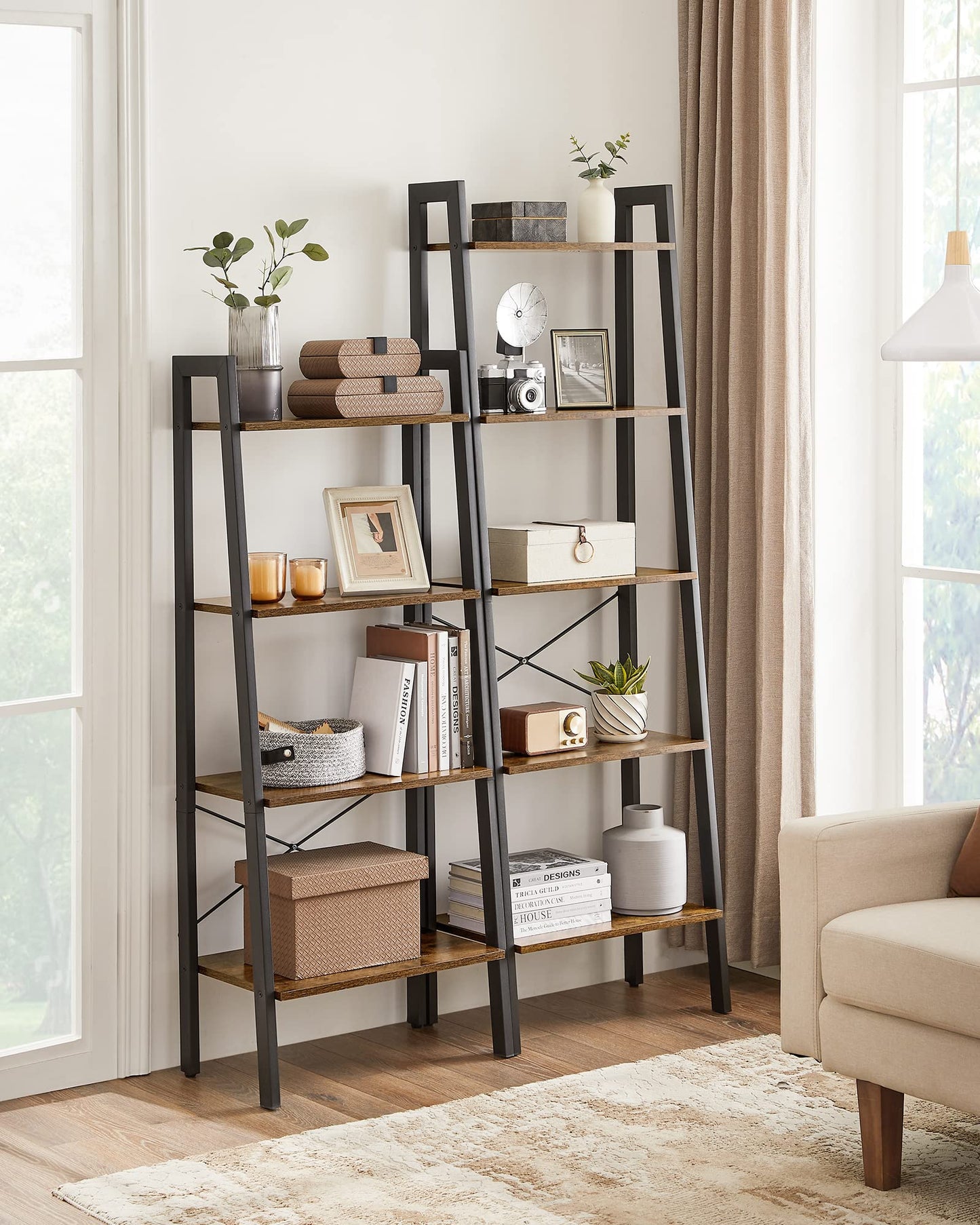 VASAGLE Rustic Brown 5-Tier Ladder Shelf - Durable Storage Rack with Steel Frame - WoodArtSupply