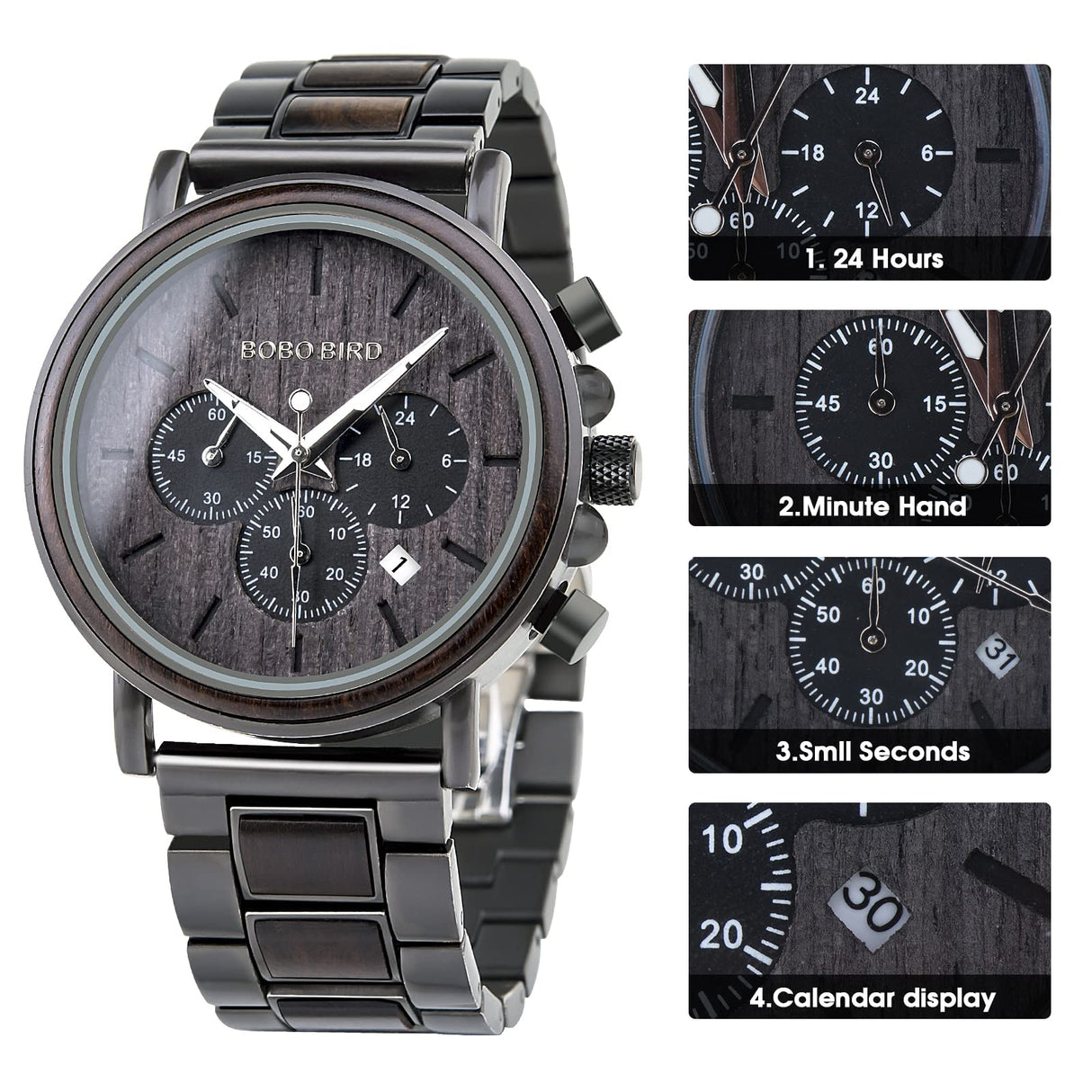 BOBO BIRD Mens Wooden Watches Business Casual Wristwatches Stylish Ebony Wood & Stainless Steel Combined Chronograph BOBO BIRD