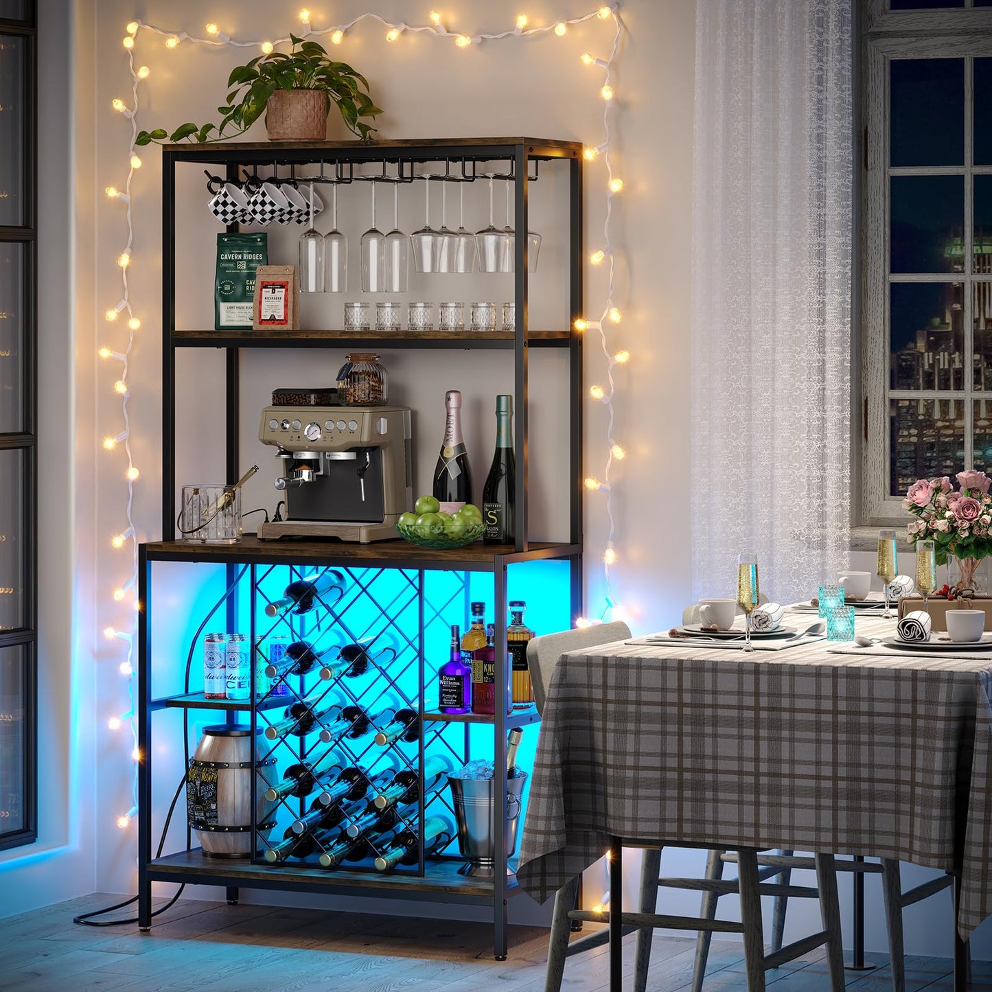 furomate Wine Cabinet with Power Outlets & LED Lights, 5-Tier Industrial Wine Bar Cabinet with Glass Holder, Home Bar Furniture, Wine Ranks for Liquor and Wine Storage, Rustic Brown - WoodArtSupply