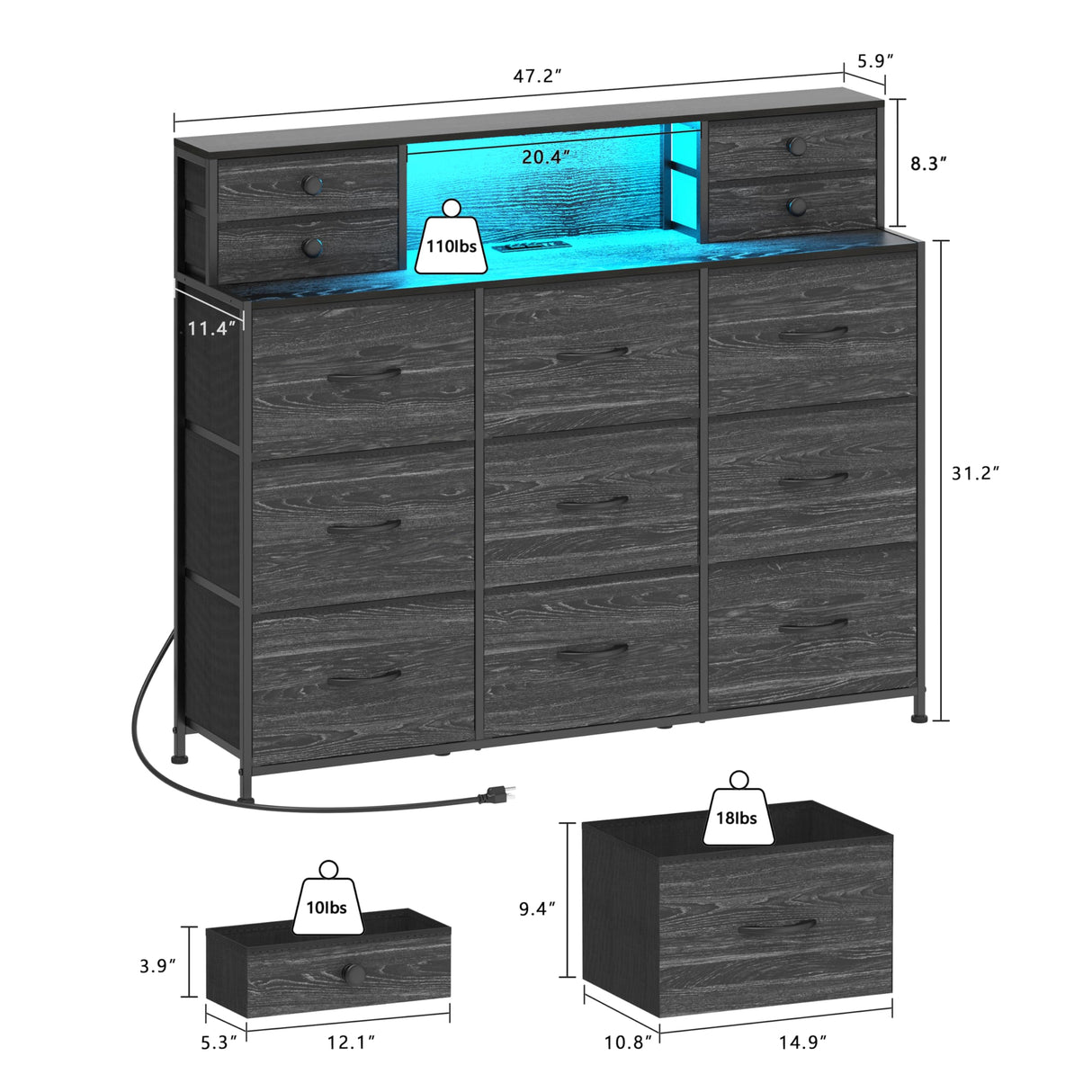 Welfuturer Black Dresser with Charging Station and LED Lights 13 Drawers Dressers for Bedroom Long Dressers & Chests of Drawers for Living Room Hallway Entryway Closets Sturdy Frame Wood Top Welfuturer