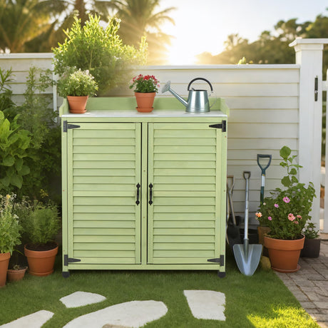 FTCBNet Outdoor Potting Bench with Metal Work Top,Waterproof Garden Storage Cabinet,Wooden Tool Station Shed for Backyard,Patio,Lawn Gardening FTCBNet
