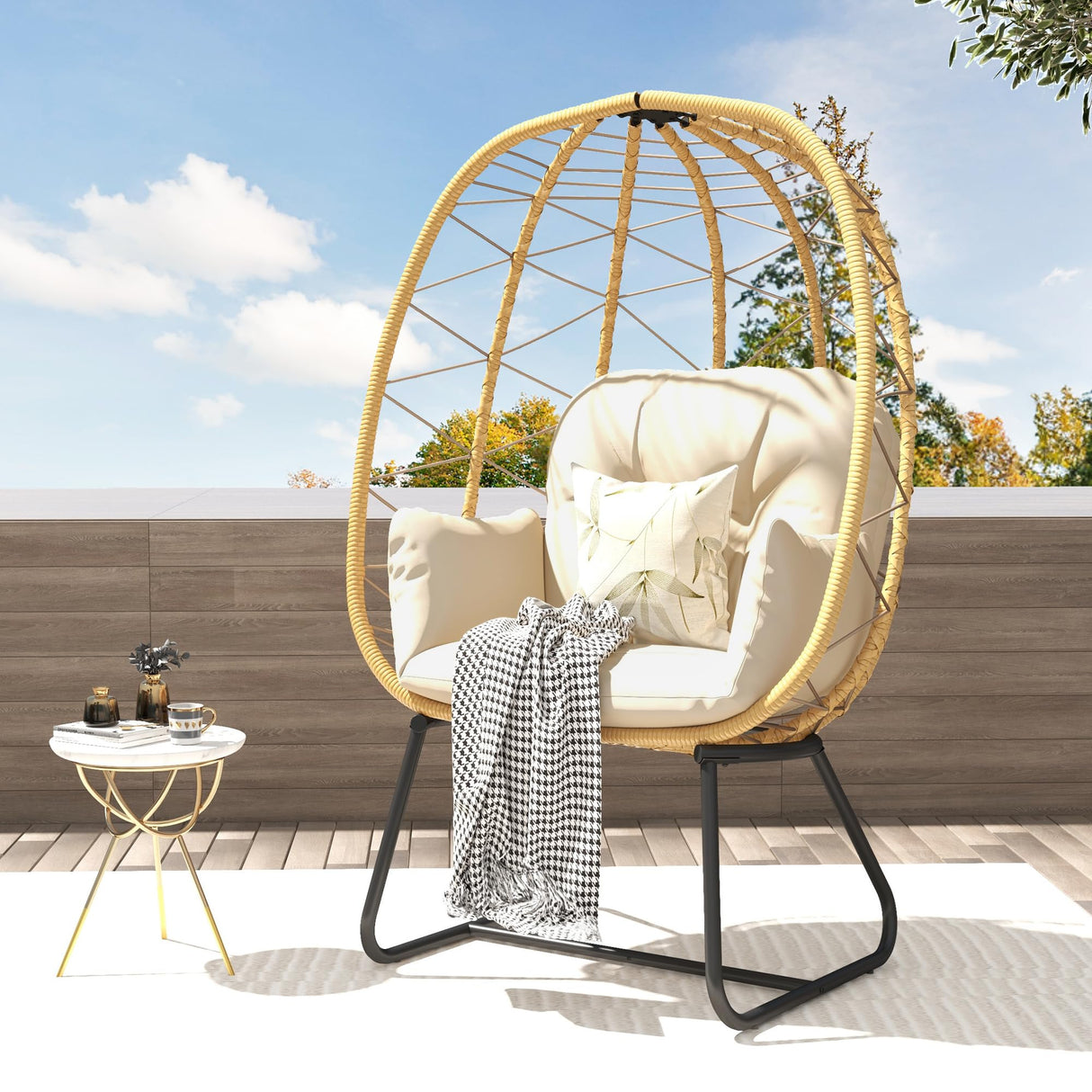 DWVO Egg Basket Chair Patio Chair with Stand Anti-Slip All-Weather Poratble Wicker Egg Lounger Chair for Indoor Outdoor 330LBS (Beige) DWVO