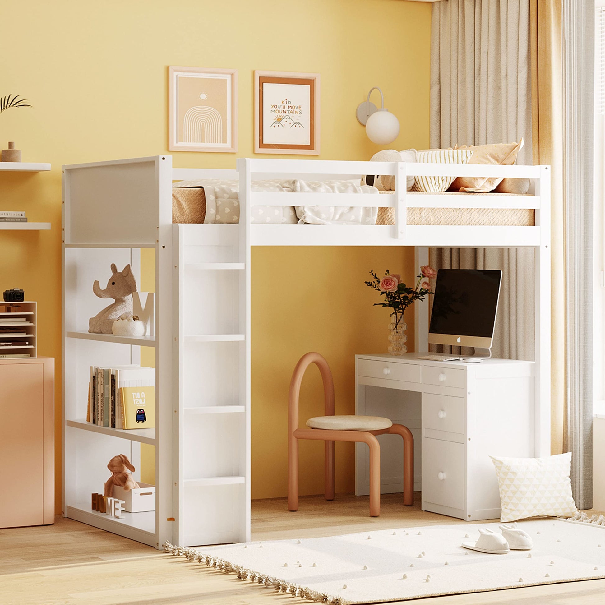 P PURLOVE Twin Loft Bed with Desk, Shelves, and Storage Drawers in White - WoodArtSupply